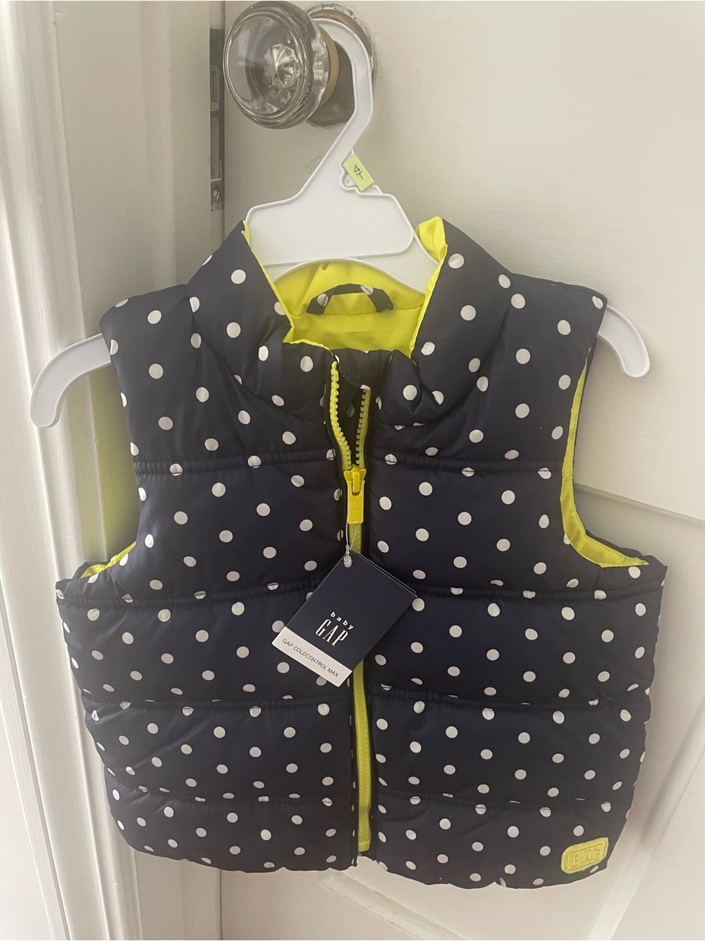 NWT, GAP Kids Navy Polka Dot Puffer Vest with Yellow Trim